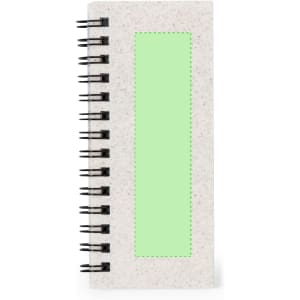 A spiral-bound notepad with a textured grey cover and a green sticky note section.