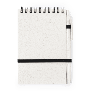 A spiral-bound notebook in a light cream colour, featuring a black elastic band and a pen attached.