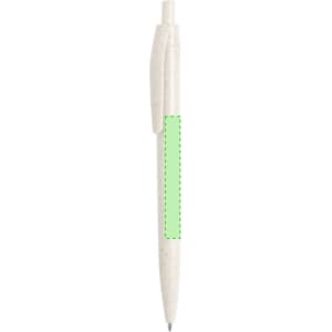 A white pen with a green accent on the barrel. It has a contoured grip and a logo.