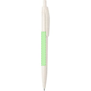A pen with a white body and a green accent, featuring a clickable top and branding logo.
