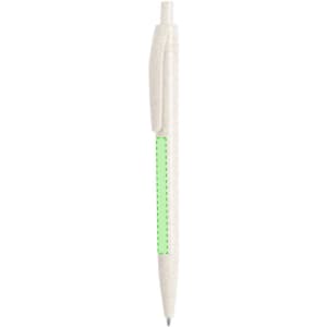 A white pen with a green accent section and a logo on the side. Suitable for office and business use.