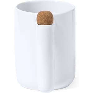 A white coffee mug with a cork accent on the handle, featuring a smooth, minimalist design.