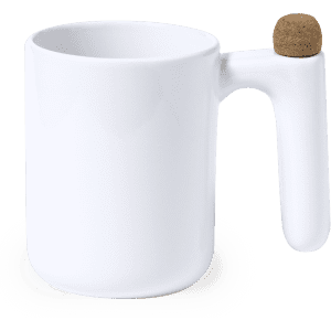 A white coffee mug with a unique handle design and a cork accent. It features a simple and modern look.