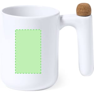 A white coffee mug with a cork lid and a green placeholder area for custom design.