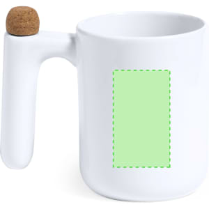 A white coffee mug with a cork lid and a unique handle design, featuring a blank area for custom branding.