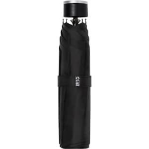 A black compact umbrella with a closed design, featuring a handle and a strap for secure closure.