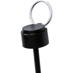 A black umbrella handle with a ring for easy carrying, featuring a sleek design and a sturdy pole.