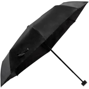 A black umbrella with a sleek design and a sturdy pole, featuring a branding logo.