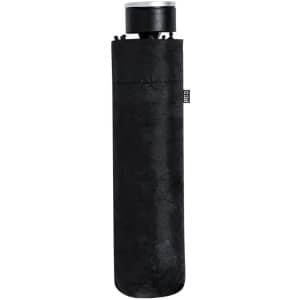 A black umbrella with a sleek, soft cover, featuring a logo on the side.