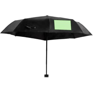 A black Claris umbrella featuring a blank panel for custom branding and a sturdy handle.