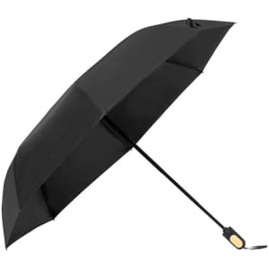 A black umbrella with a sleek design and a handle. It features a logo on the handle.