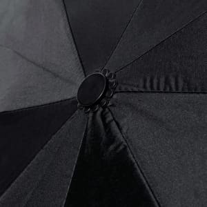 A black umbrella featuring a central button, showcasing a textured fabric design.