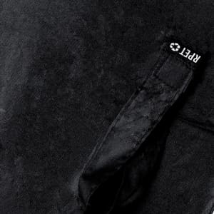 A black umbrella with a textured fabric finish and a handle featuring a logo.