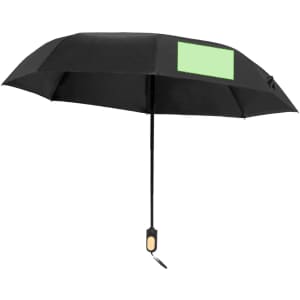 A black umbrella with a branding area and a wooden handle. It features a sleek, modern design for outdoor use.