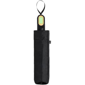 A black umbrella encased in a coordinating sleeve, featuring a handle with a branding logo.