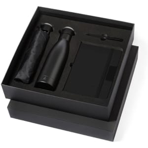 A black gift box containing a drink bottle, notebook, and pen, all in a sleek, minimalist design.