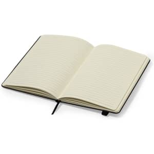 An open black notebook featuring lined pages and a ribbon marker, showcasing a sleek design.