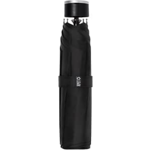A black umbrella with a sleek design, secured with a strap. It features a handle and a branded logo.