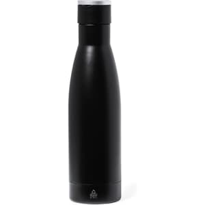 A black insulated drink bottle with a sleek design and a screw-top lid. Features a logo at the base.