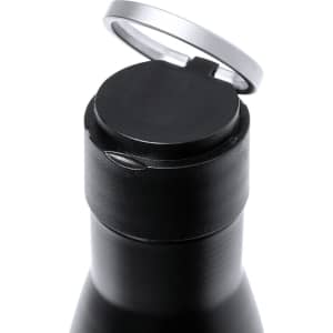 A black drink bottle with a silver cap, featuring a logo on the side.