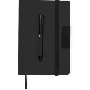 A black notebook with a pen resting on top, featuring an elastic band and a back pocket.