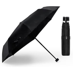 A black umbrella alongside a matching black drink bottle, both featuring a branding logo.