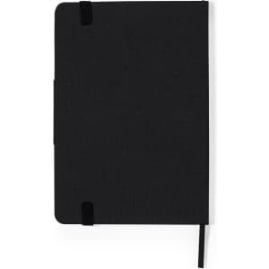 A black notebook with elastic closure and a ribbon bookmark, featuring a logo on the cover.