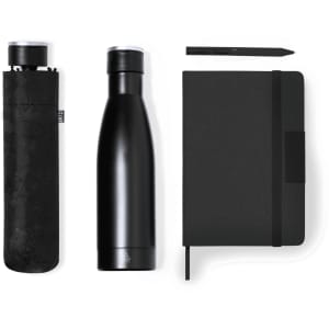 A drink bottle, black notebook, and pen arranged together, featuring a logo on the bottle.