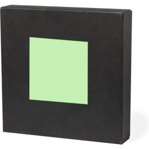 A black gift box with a green square window, featuring a logo. Ideal for office or business gifts.