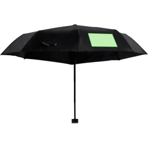 A black umbrella with a green panel, featuring a handle and a square base for stability.