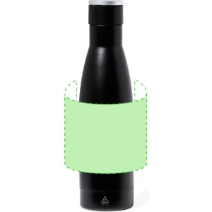 A black drink bottle with a sleek design and a logo, featuring a stainless steel finish.
