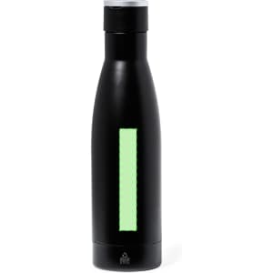 A black drink bottle with a sleek design and a green reflective strip. It features a logo on its base.