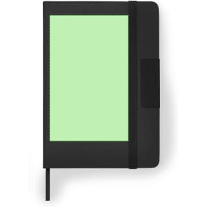 A black notebook with a mint green border and an elastic band closure. It includes a bookmark ribbon.