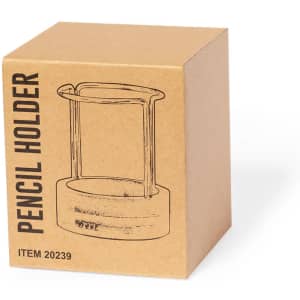A brown box containing a pencil holder with a metallic top and a cylindrical base. The box has a logo.