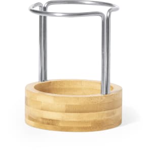 A bamboo pencil holder with a metal frame, featuring a smooth, circular base. It has a natural finish.