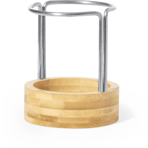 A bamboo pencil holder with a stainless steel ring, designed for office use.