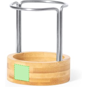 A bamboo pencil holder with a stainless steel frame, featuring a rounded design and a green square area.
