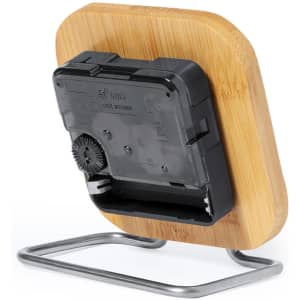 A desk clock with a bamboo back and a metal stand, featuring a black casing for the clock mechanism.