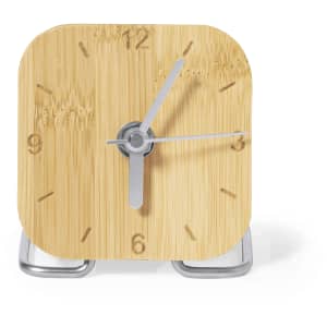 A bamboo desk clock with a silver stand, featuring minimalist hour markers and sleek hands.
