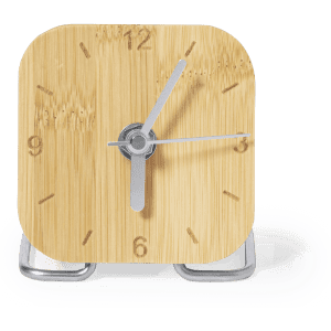 A square bamboo desk clock with silver hands and understated hour markers, resting on a metallic stand.