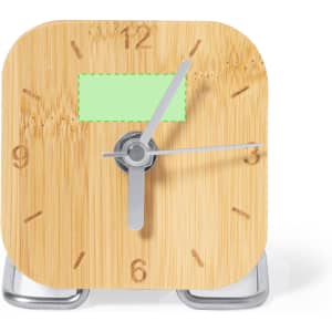 A bamboo desk clock with a simple design, featuring silver hands and a rectangular area.