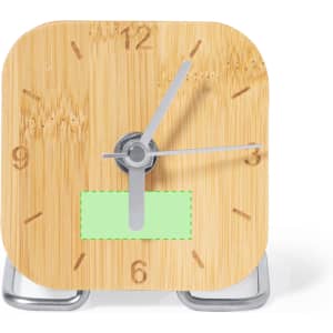 A square bamboo desk clock with silver hands and a green placeholder on a metal stand.