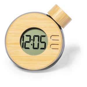 A round desk clock featuring a bamboo finish and digital display, with a grey base and a cylindrical knob.
