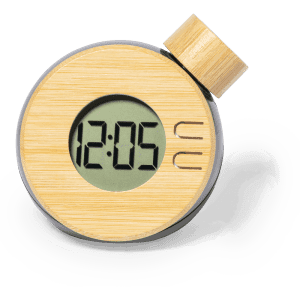 A round desk clock with a bamboo finish and digital display, featuring a grey base and a circular knob on top.