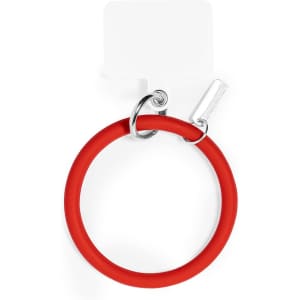 A red silicone bracelet with a silver attachment ring and a clear tag. Suitable for holding items like cards.