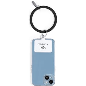 A blue phone case with a black ring attached, featuring a logo on the back.