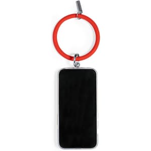 A red holder bracelet attached to a smartphone, featuring a silver embellishment.
