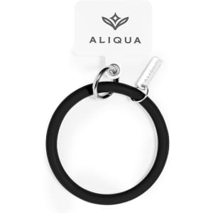 A black silicone holder bracelet with a metal ring and branding tag attached.