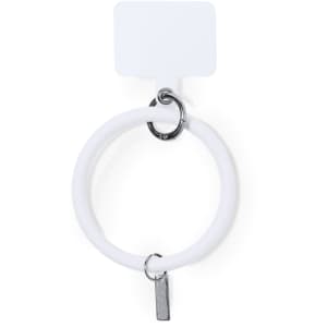A white Naomi Holder Bracelet with a circular design and a small metallic tag attached. It includes a branding logo.