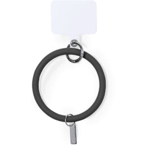 A circular grey holder bracelet with a metal clasp and an attached tag. It features a sleek, minimalist design.